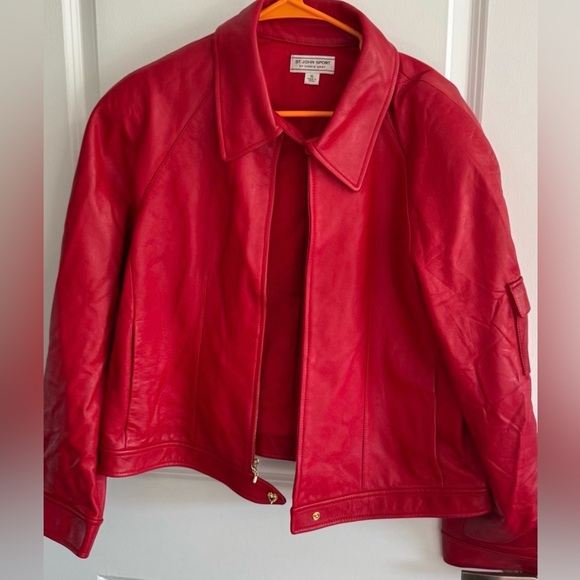 St. John Sport Genuine Leather Red Moto Jacket Women Sz XL - Picture 11 of 13